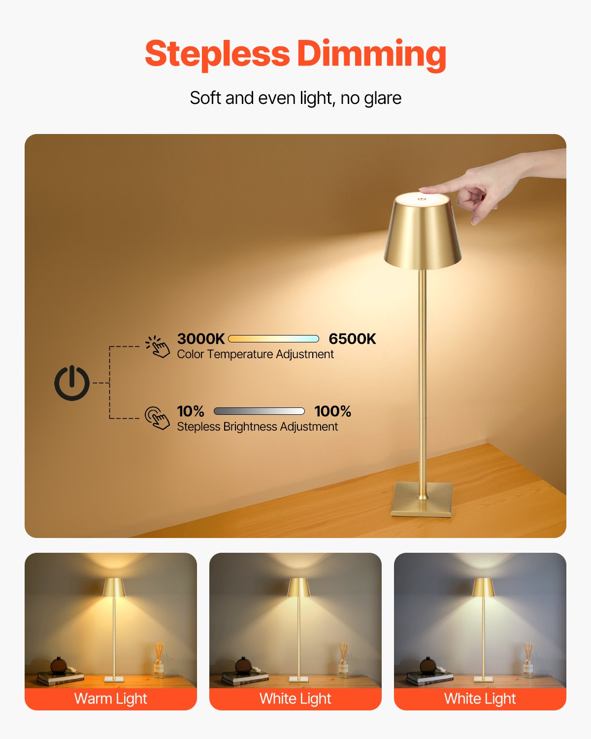 Cordless Rechargeable Battery Table Lamp with Adjustable Head, Metallic Finish, Set of 2 — detail view