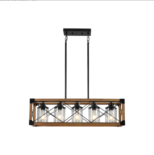 Walnut & Black Industrial Farmhouse Rectangular Pendant Light, 5-Light Chandelier, 32 in.