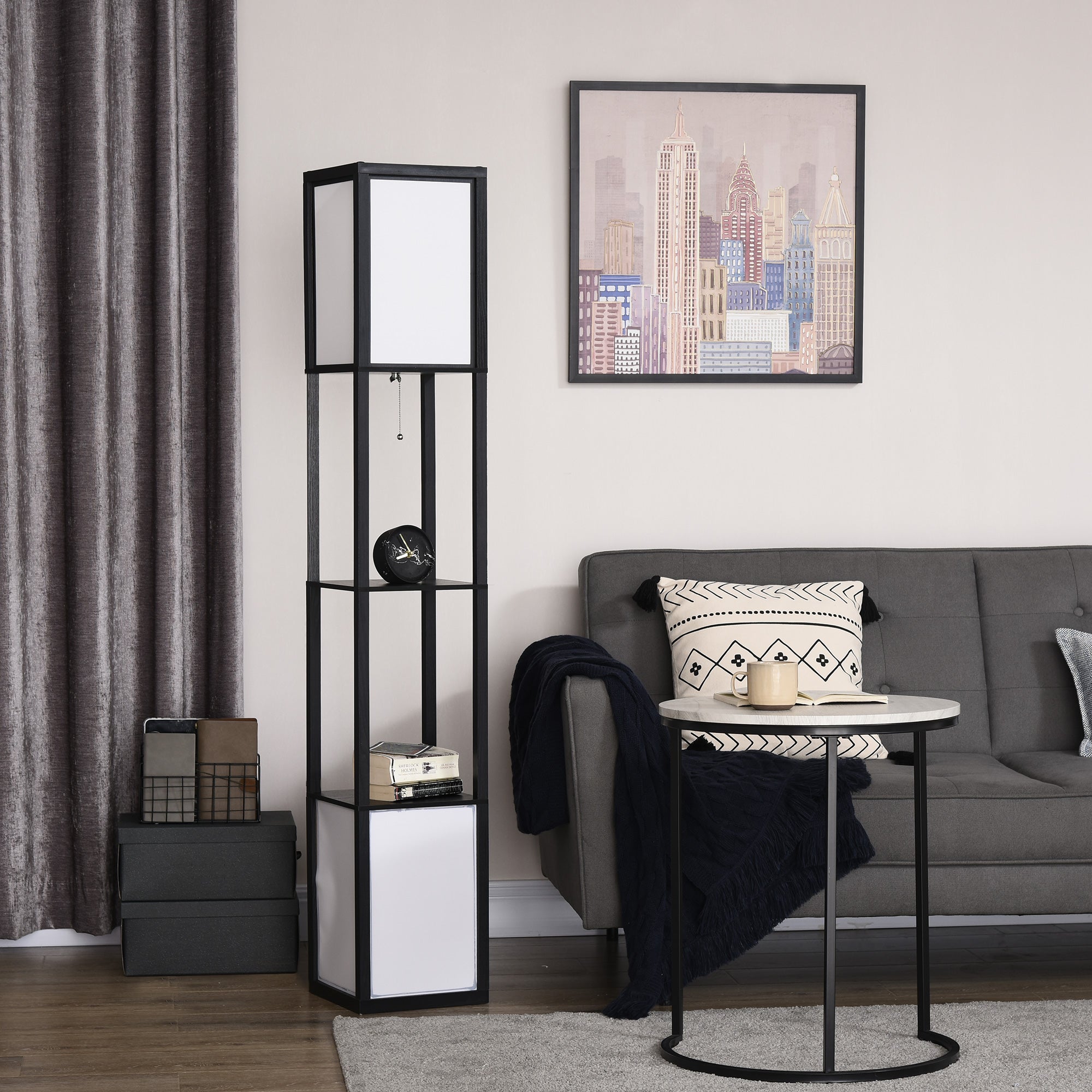 Modern Shelf Floor Lamp, Dual Ambient Light, Built-In Storage, Black Finish