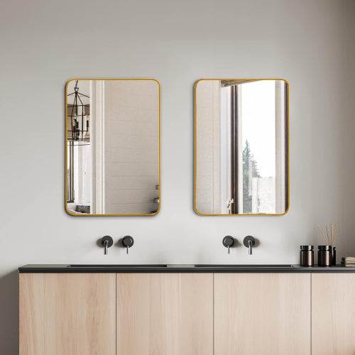 Modern Gold Metal-Framed Rectangular Wall Mirror, Vanity Mirror, 24 x 32 in. for Bathroom — detail view 3