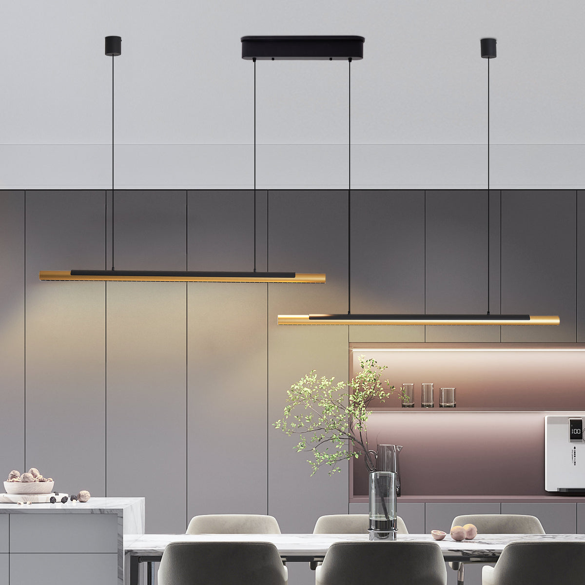 Modern LED Pendant Light, Adjustable Hanging, Black & Gold Finish, 75 in. — detail view 4