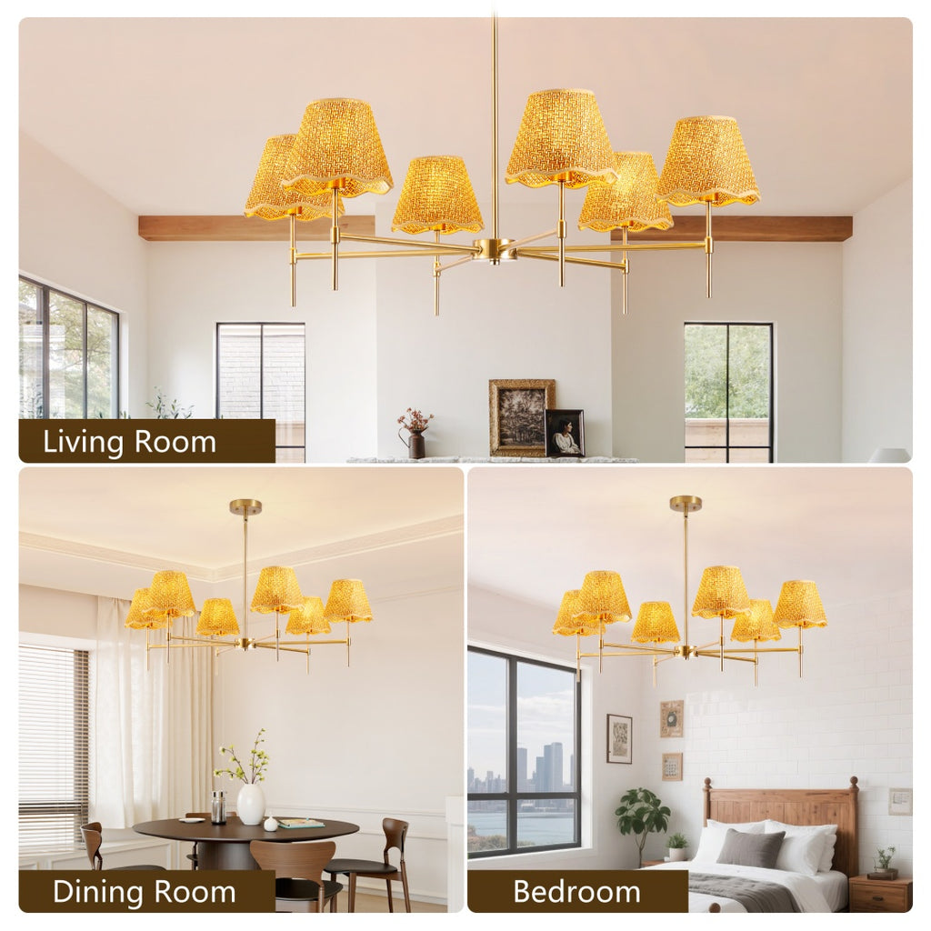 Boho Rattan 6-Light Chandelier, Handmade Woven Shade, Brass-Finished Rod, Large