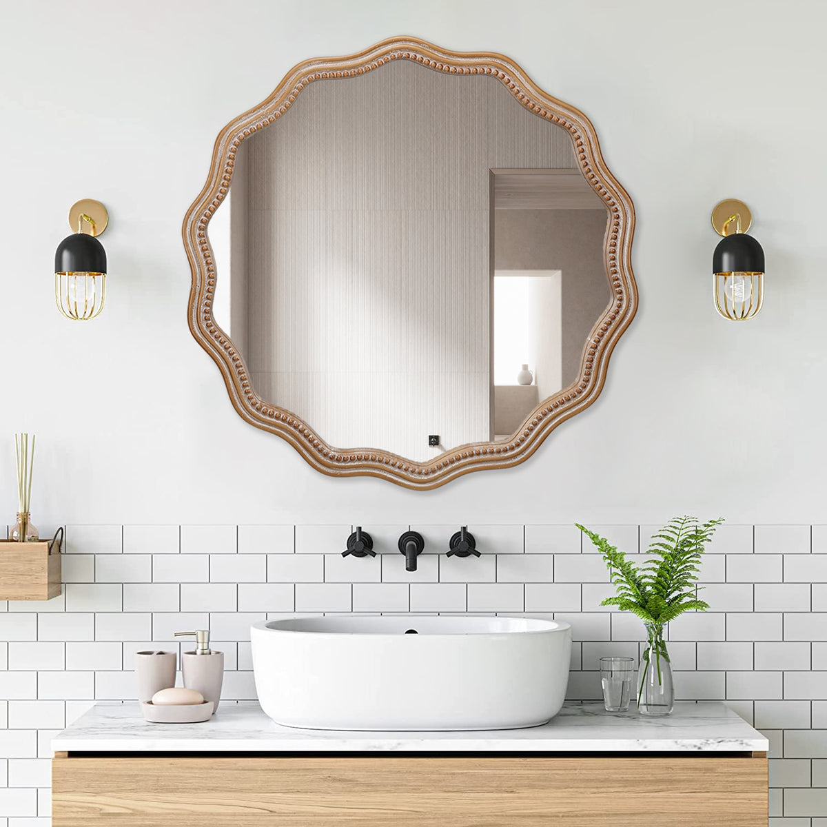 Wood Round Wavy Scalloped Wall Mirror, Decorative Vanity Mirror, Antique Natural, 23.6 in. for Bathroom — detail view 3
