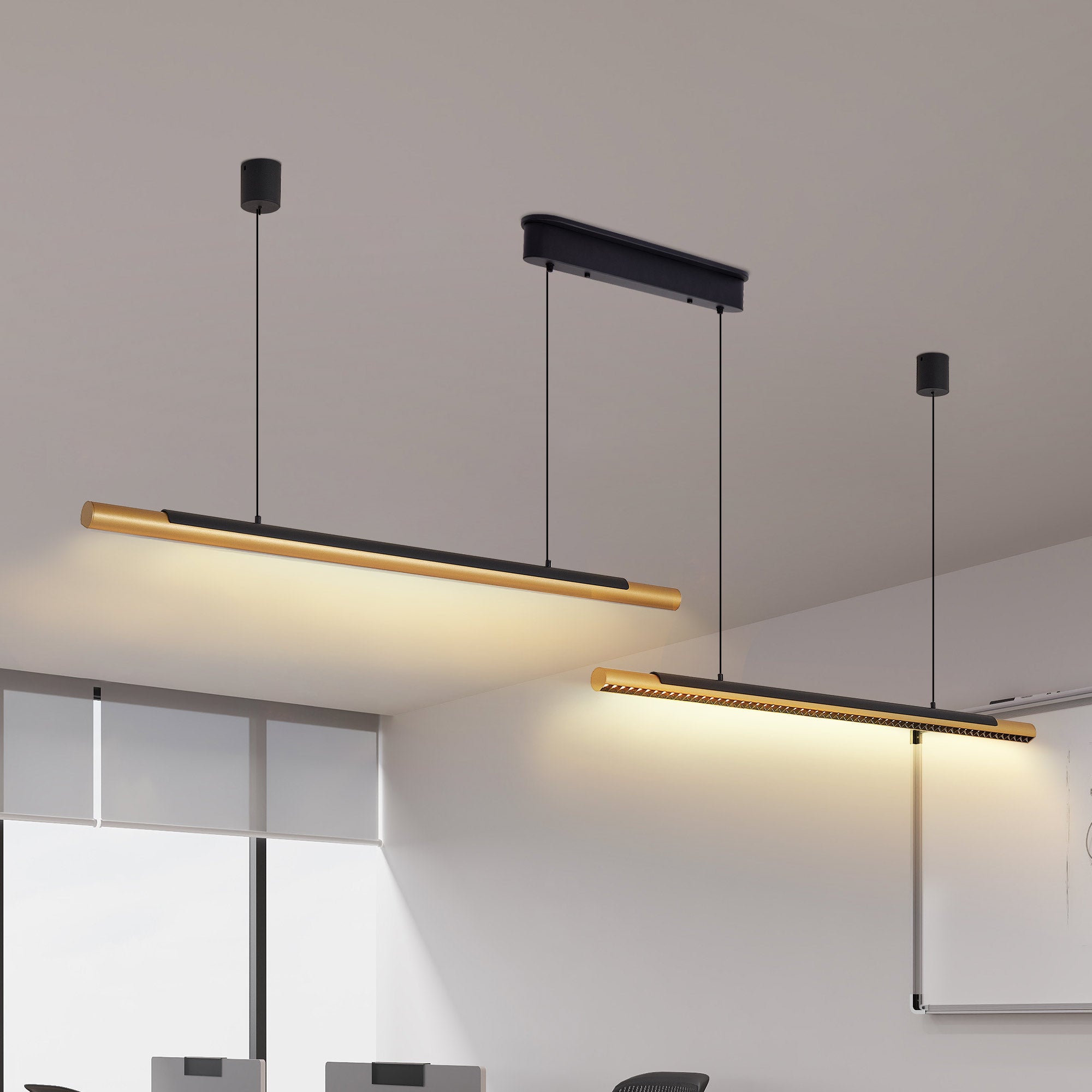 Modern LED Pendant Light, Adjustable Hanging, Black & Gold Finish, 75 in.