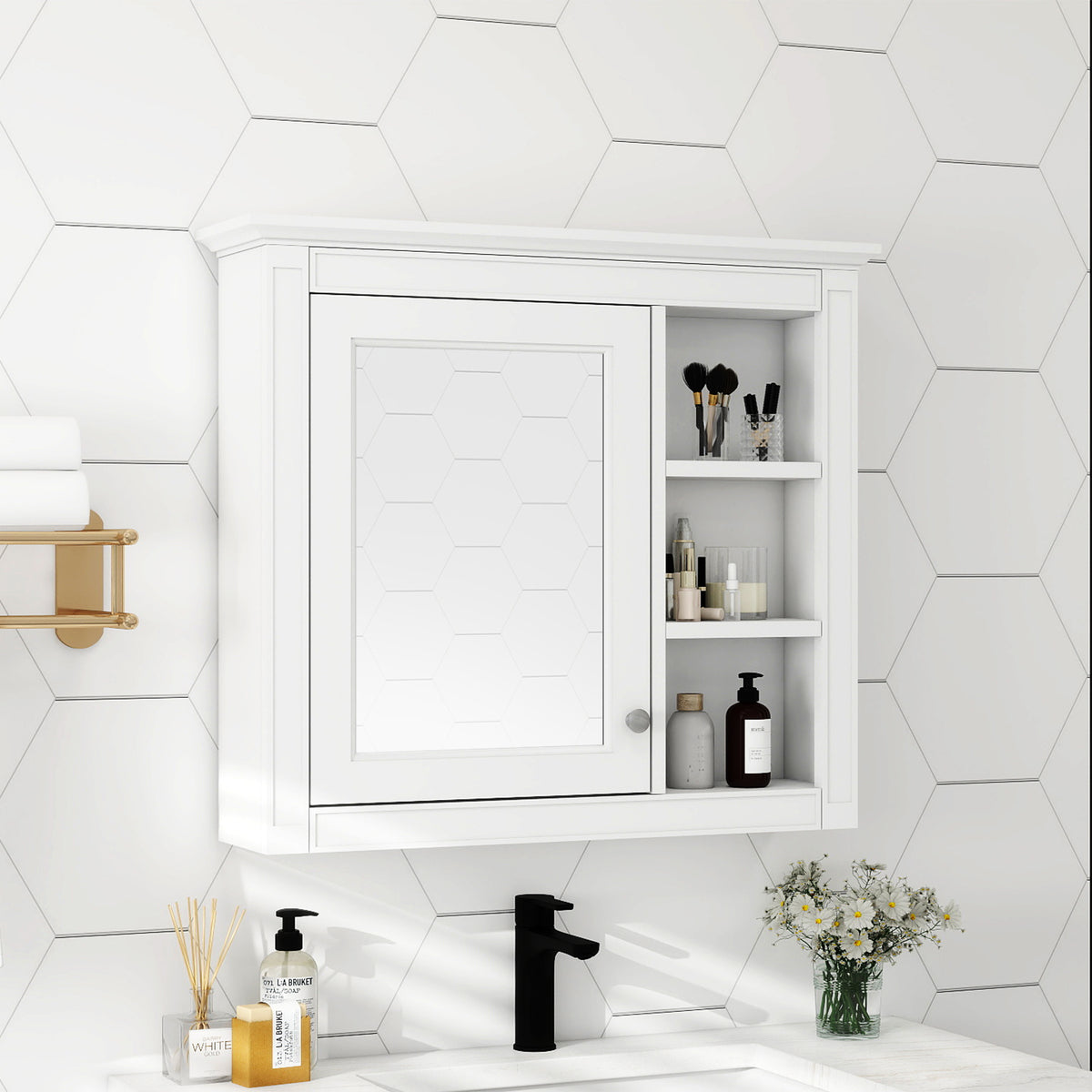 Modern Wall-Mounted Bathroom Medicine Cabinet with Mirror, White Storage Cabinet, 30 x 28 in. — detail view 2