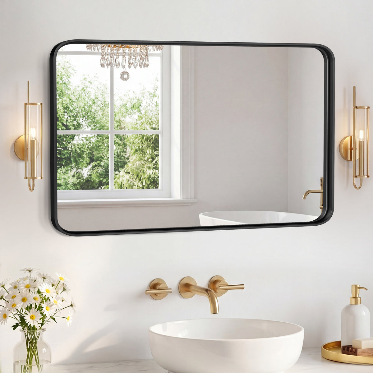 Rectangular Metal Framed Wall Mirror, Black Frame, 22x30 and 24x36 in., for Bathroom Vanity — detail view 2