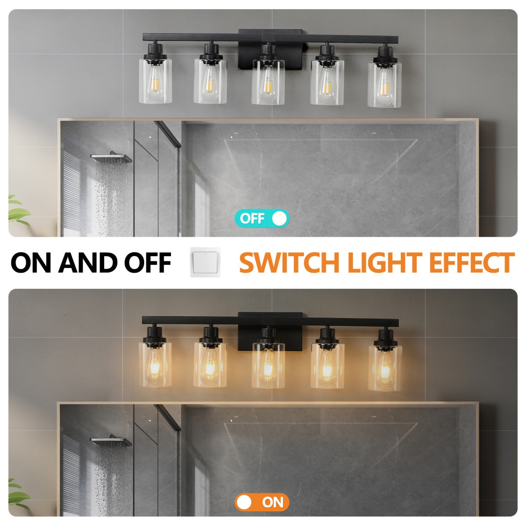 Modern Farmhouse 5-Light Bathroom Vanity Light, Matte Black, 31 in. over Mirror — detail view 4
