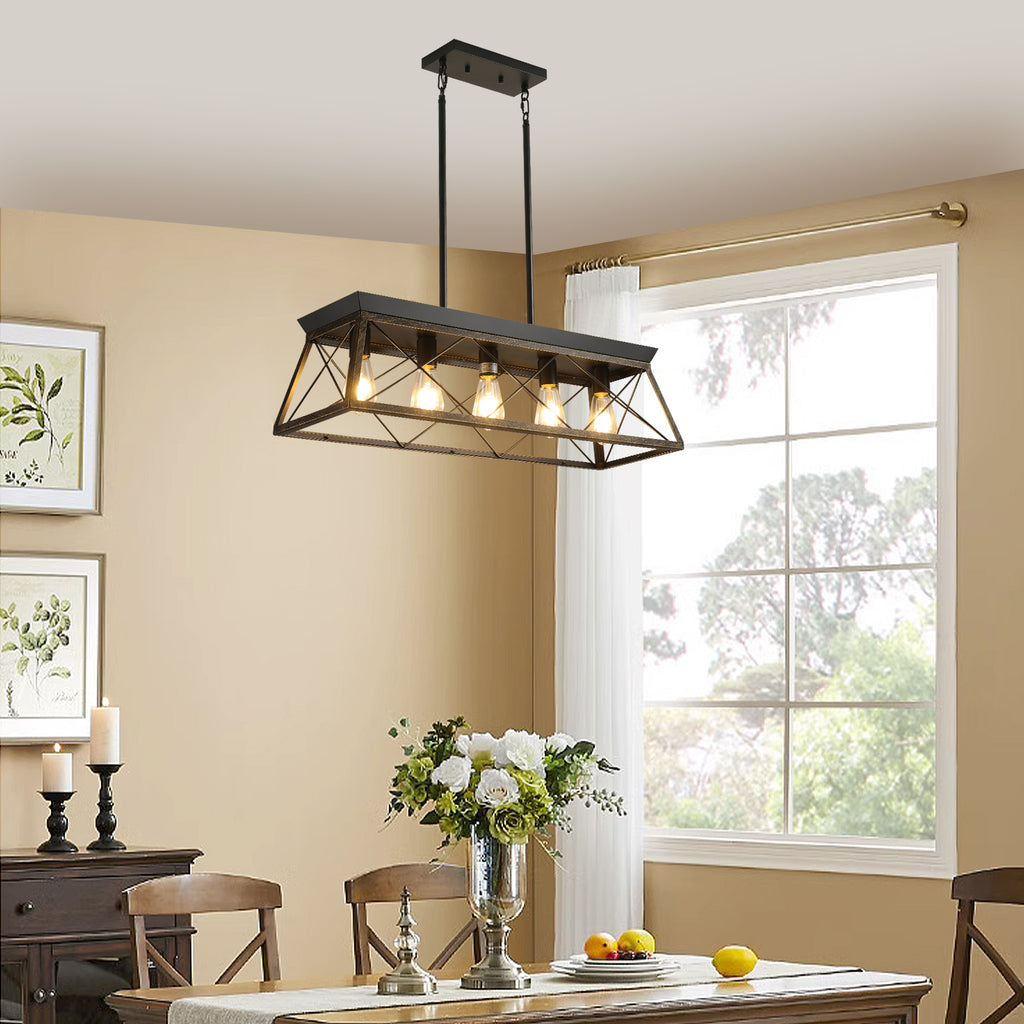 Black & Gold Industrial 5-Light Pendant Chandelier, Mesh Frame, 32 in.