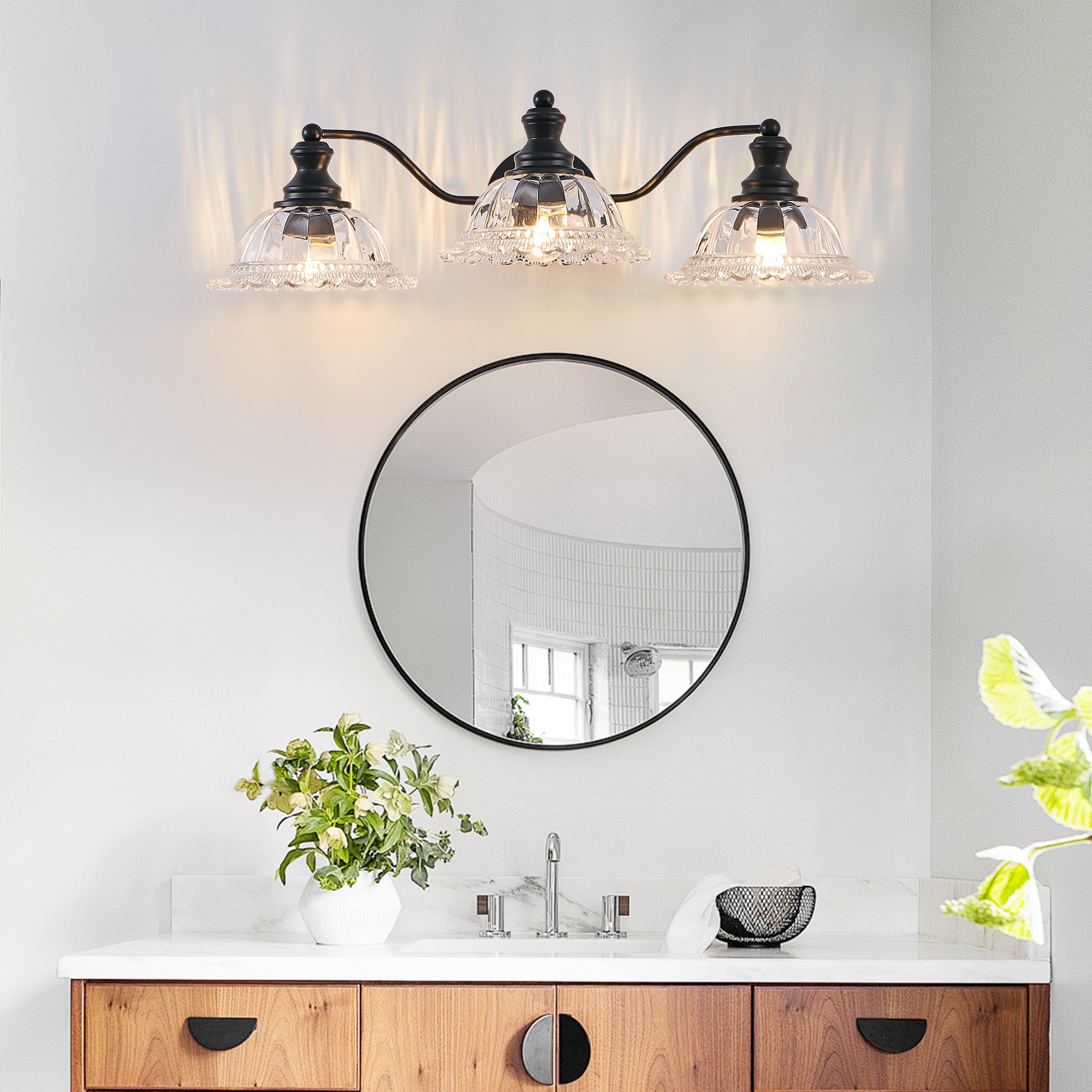 24 Inch 3-Light Vintage Bathroom Wall Sconce Elegant Black Metal And G