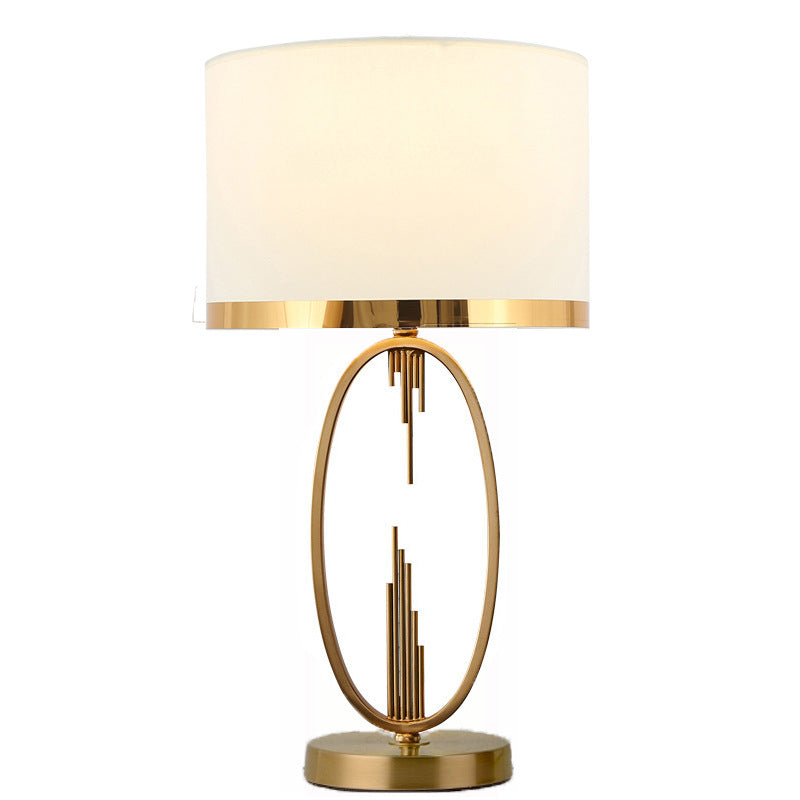 Art Deco Brass Hoop Table Lamp, White Shade with Gold Edge