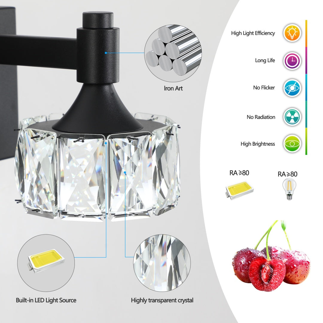 Crystal Glass Vanity Light, 4-Light Matte Black LED Bathroom Fixture