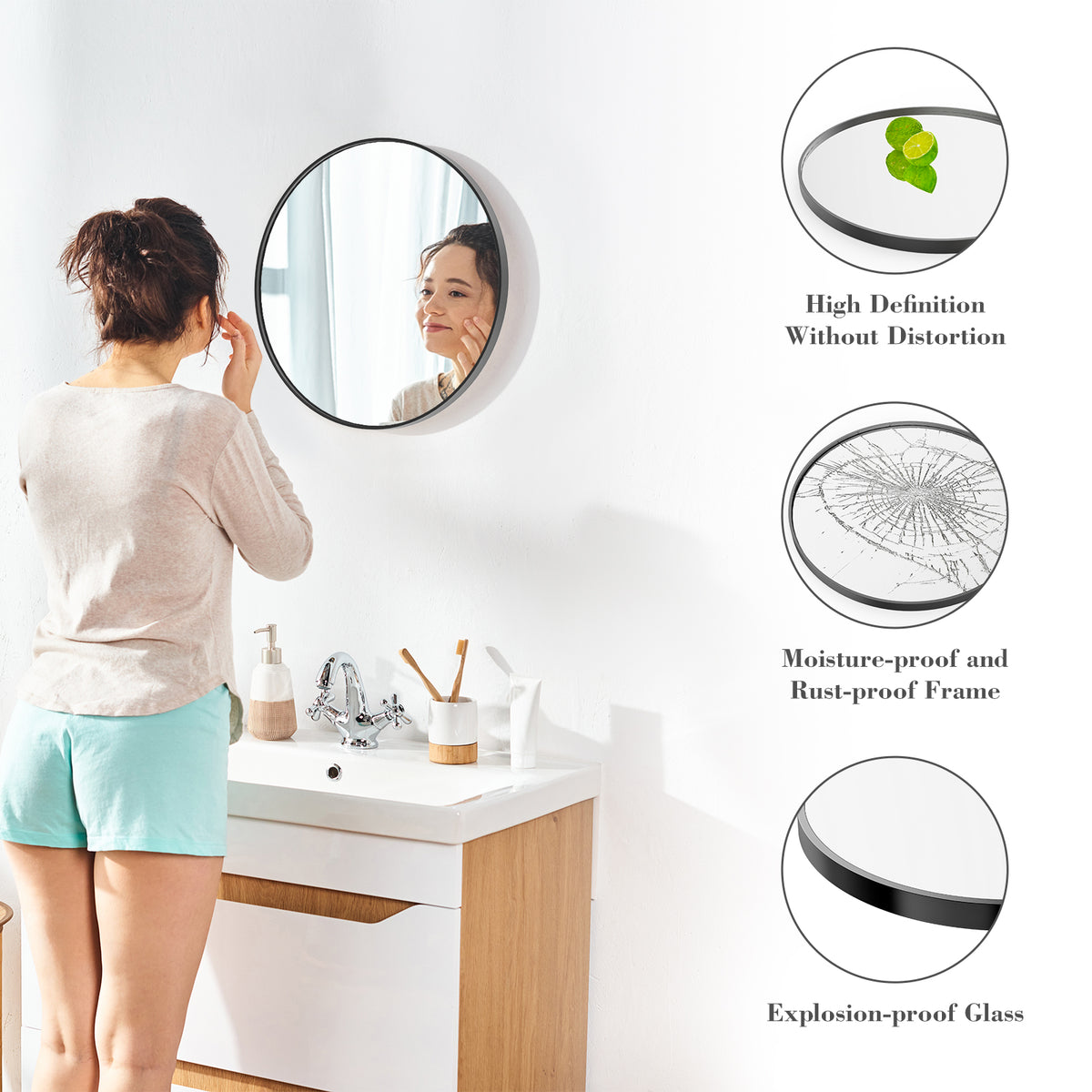 Round Circular Wall Mirror, 20 to 30 in. Metal Frame, Black or Gold for Living Room Wall — detail view