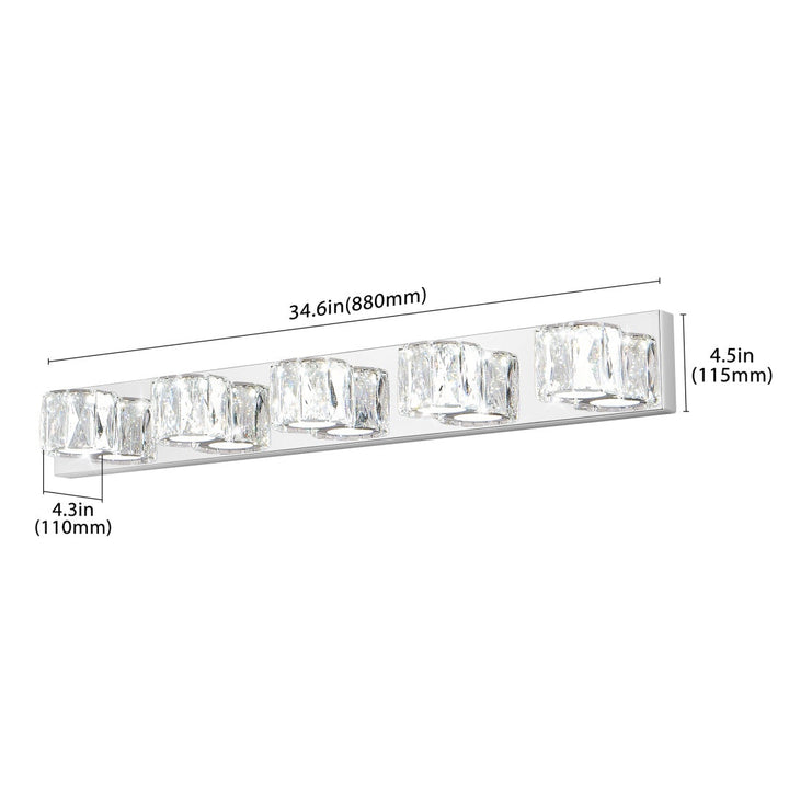 Dimension diagram for Modern Crystal 5-Light LED Vanity Light Bar, Chrome Finish, 35 in. for Bathroom
