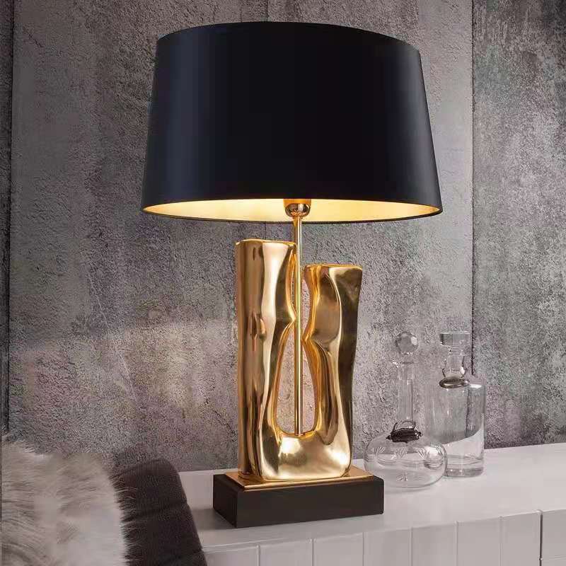 Sculptural Gold Resin Table Lamp, Black Drum Shade, 27 Inch
