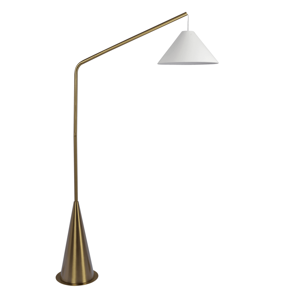 Black Floor Lamp, Coned Base, White Fabric Shade, Antique Brass Finish