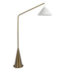 Black Floor Lamp, Coned Base, White Fabric Shade, Antique Brass Finish