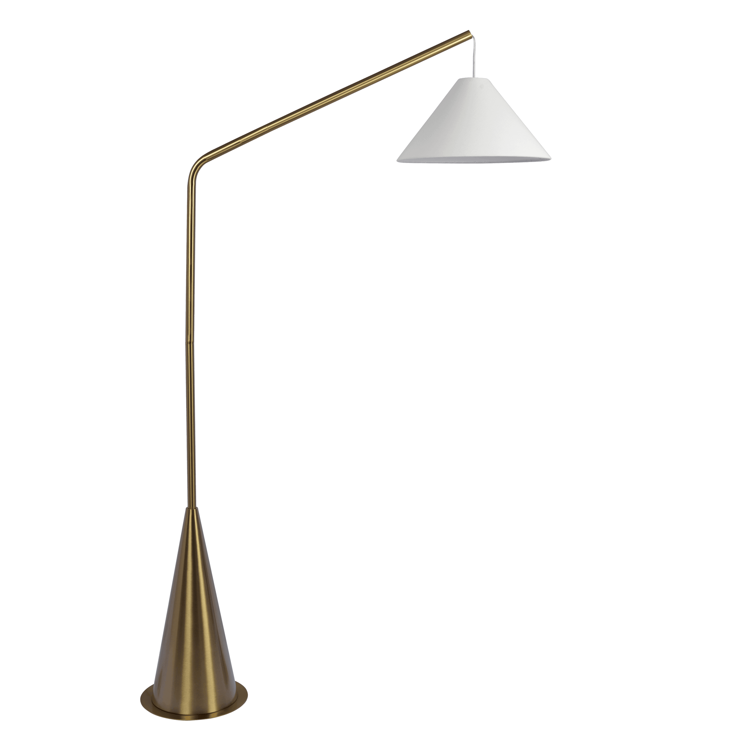 Black Floor Lamp, Coned Base, White Fabric Shade, Antique Brass Finish