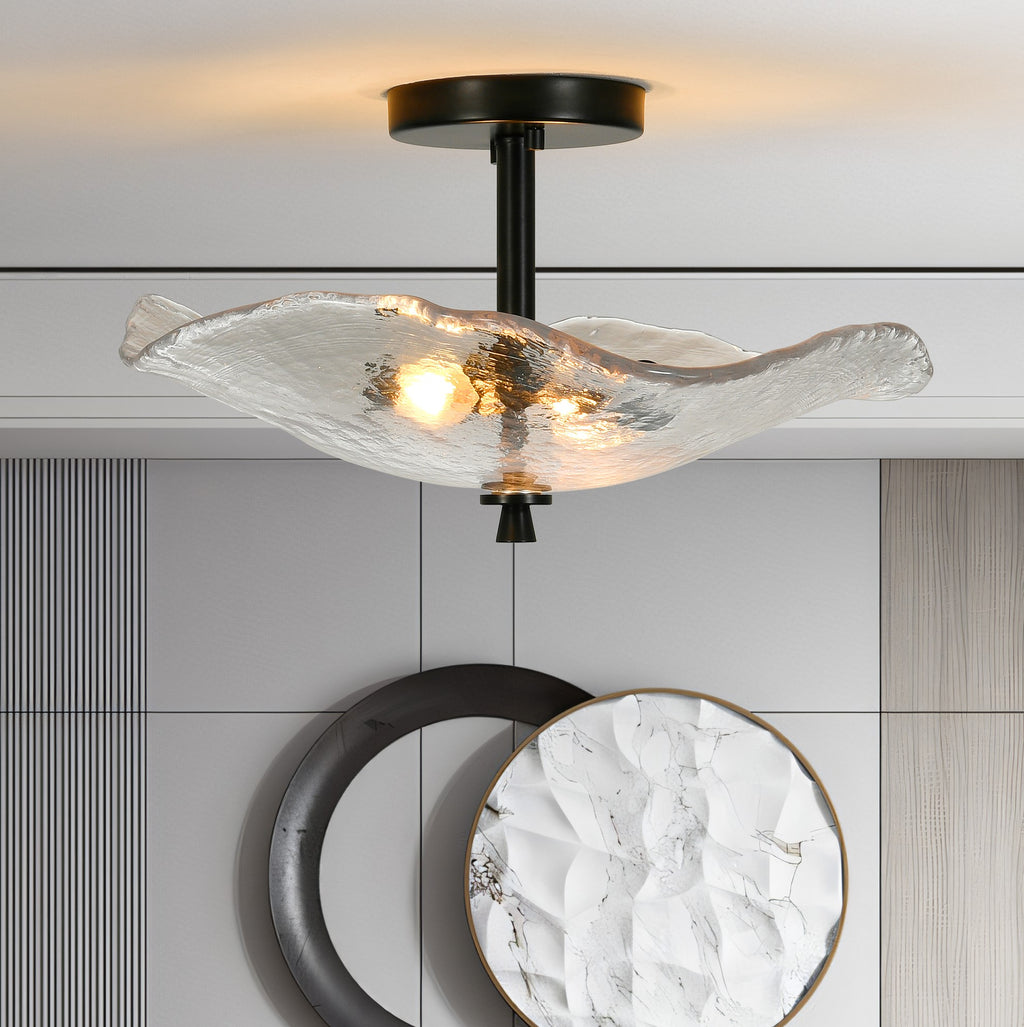 Gold Flower & Lotus Leaf Flush Mount Ceiling Light, Crystal-Style Glass Fixture