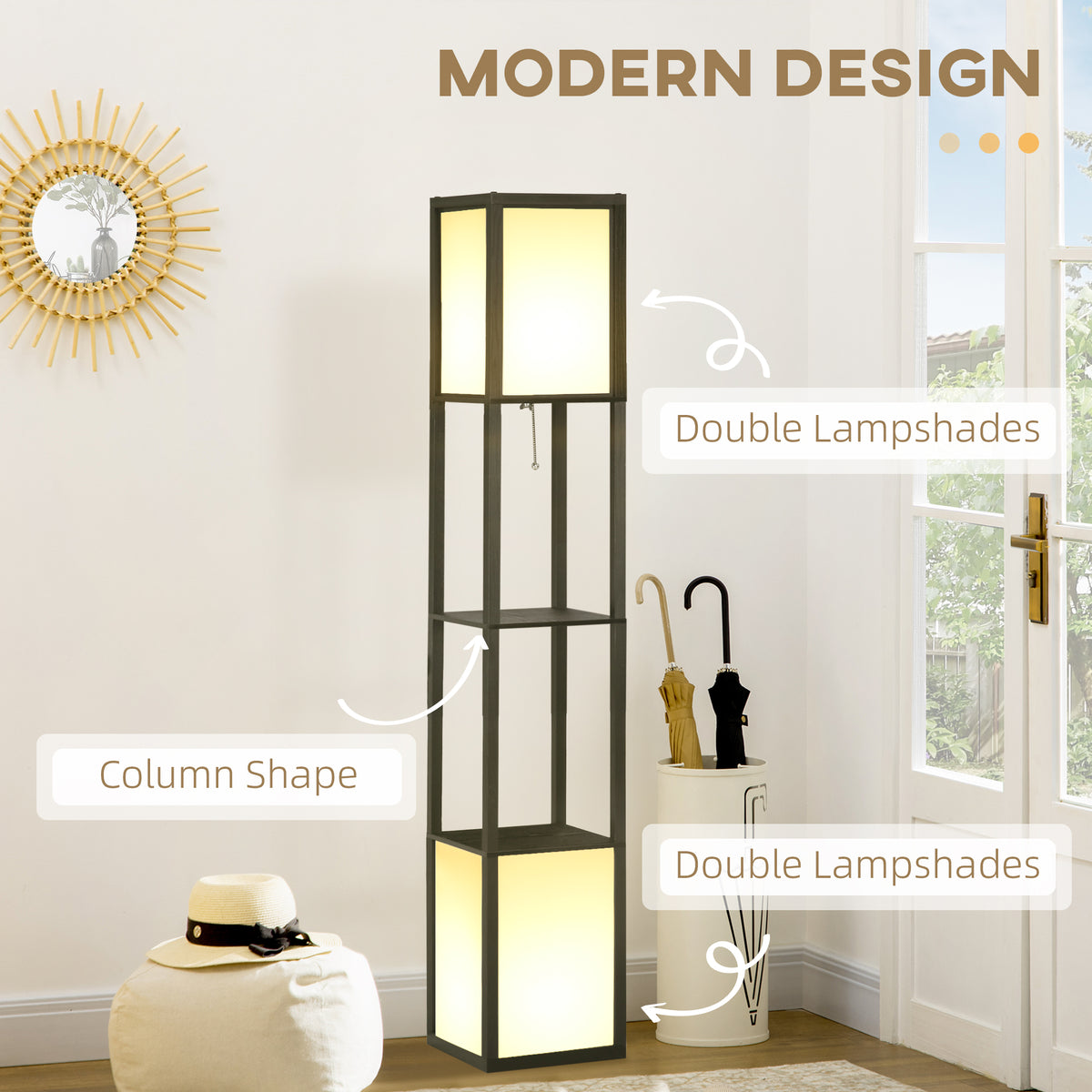 Modern Shelf Floor Lamp, Dual Ambient Light, Built-In Storage, Black Finish — detail view
