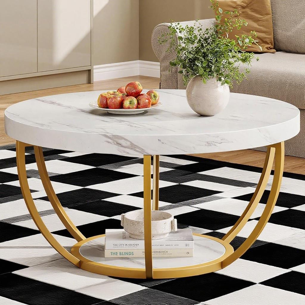 Round Faux Marble Coffee Table with Gold Base, 31.5 in