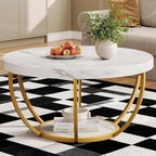 Round Faux Marble Coffee Table with Gold Base, 31.5 in