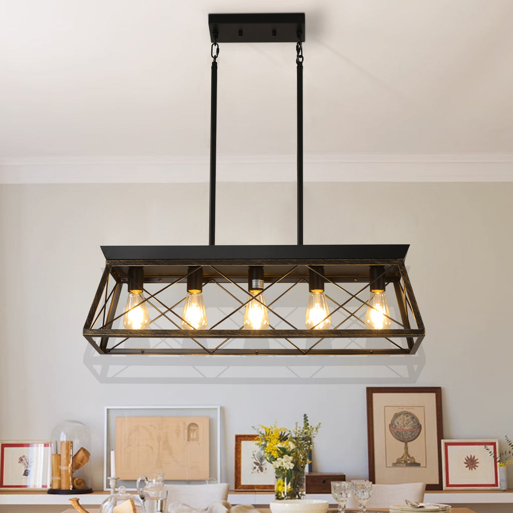 Black & Gold Industrial 5-Light Pendant Chandelier, Mesh Frame, 32 in.