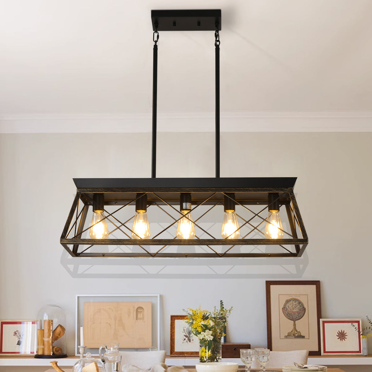 Black & Gold Industrial 5-Light Pendant Chandelier, Mesh Frame, 32 in. — detail view 3