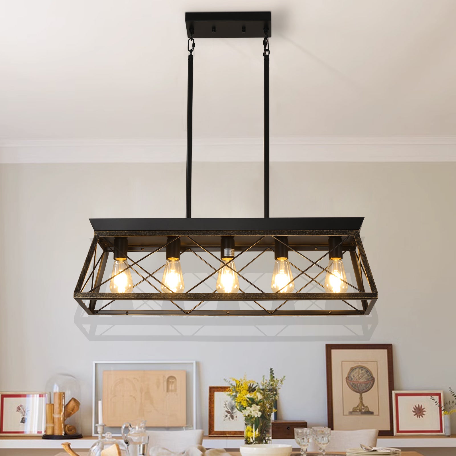 Black & Gold Industrial 5-Light Pendant Chandelier, Mesh Frame, 32 in.