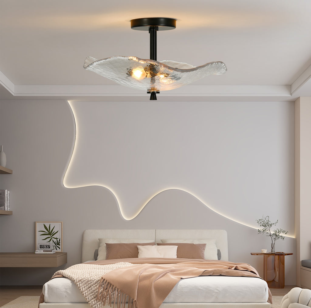 Gold Flower & Lotus Leaf Flush Mount Ceiling Light, Crystal-Style Glass Fixture