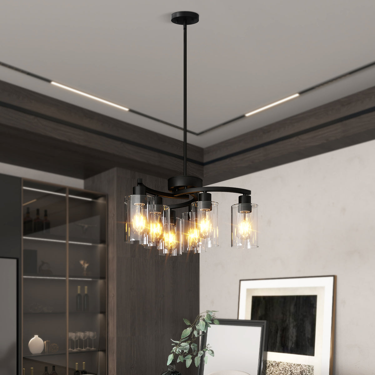 Modern Farmhouse Chandelier, 6-Light Matte Black — detail view