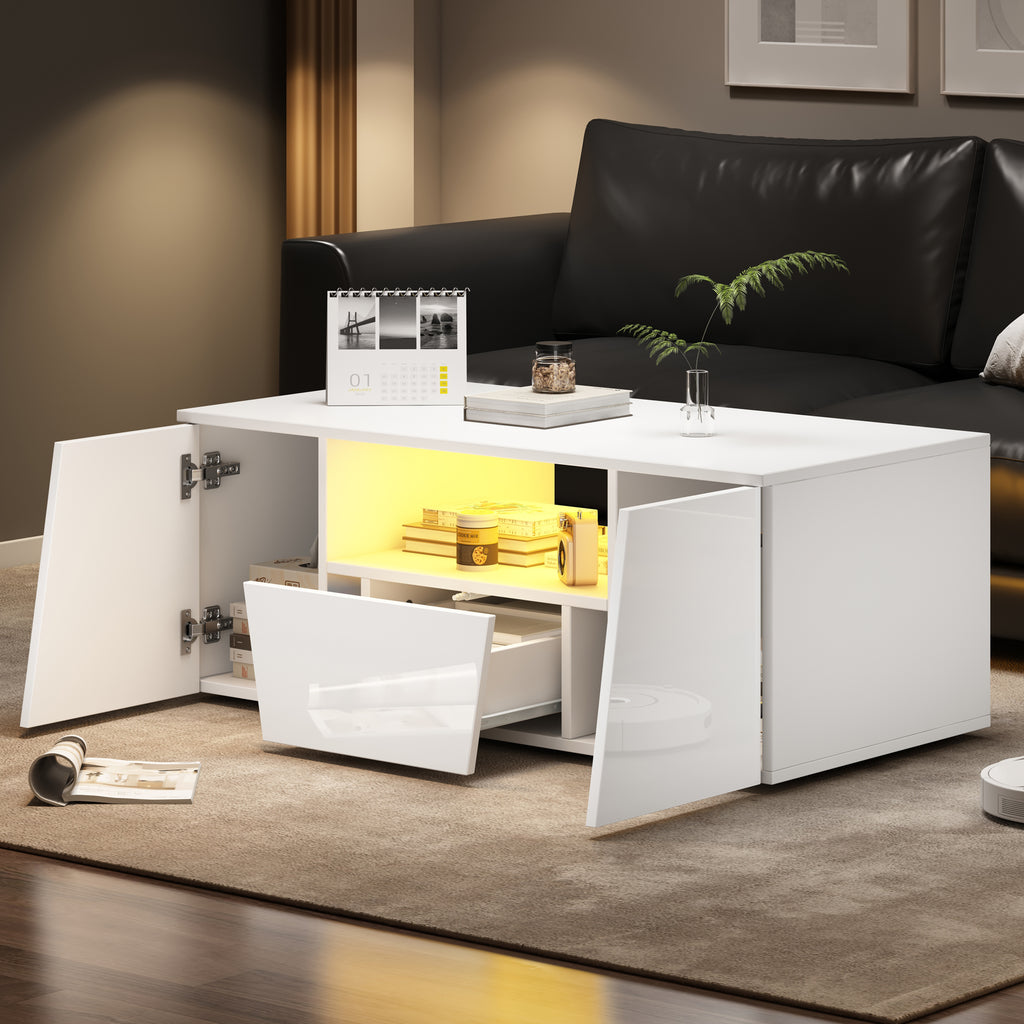 High-Gloss LED Coffee Table with Storage Cabinets, White