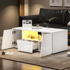 High-Gloss LED Coffee Table with Storage Cabinets, White