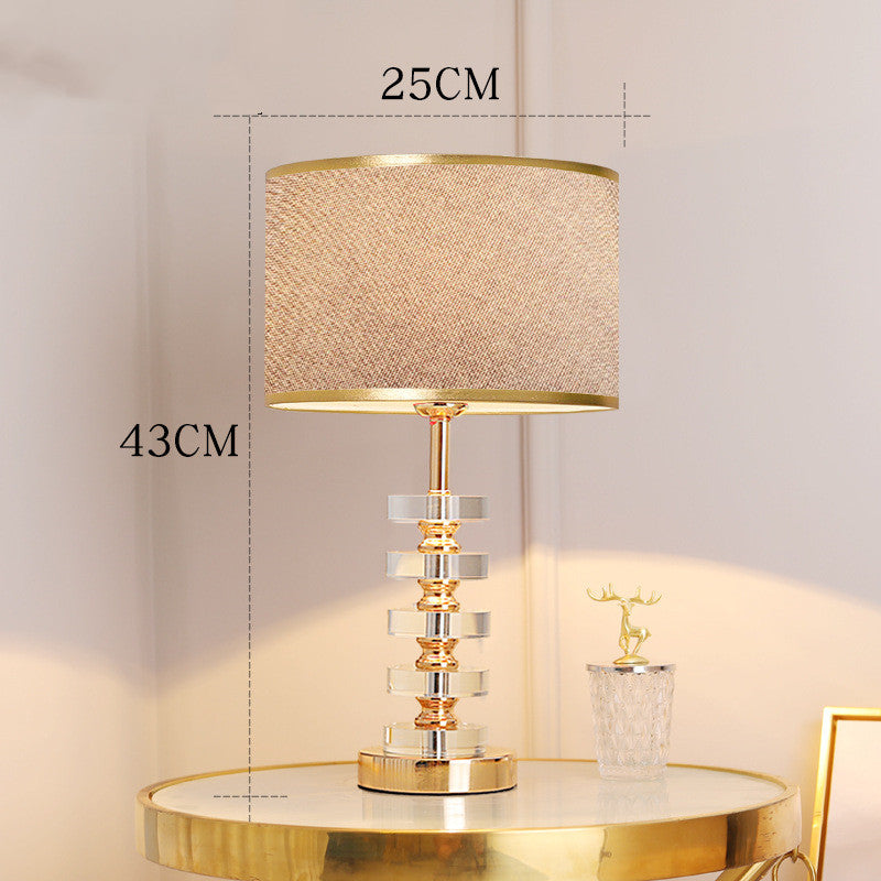 Stacked Crystal Table Lamp, Drum Shade with Gold Trim, 17 Inch