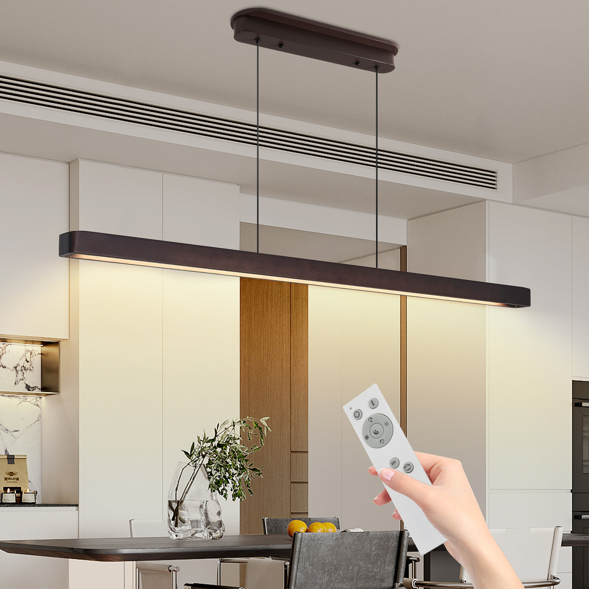 Walnut Wood LED Pendant Light, Linear 51 Inch, Dimmable — detail view 2