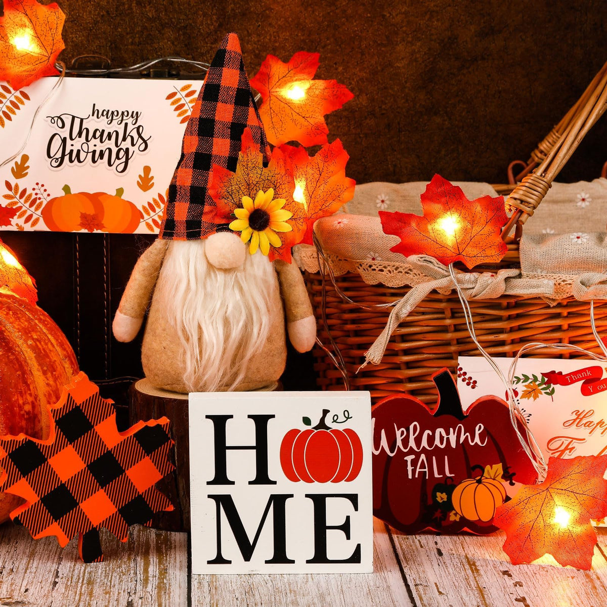 Fall Gnome Tiered Tray Decor Set, Farmhouse Pumpkin and Maple Leaf Accents, Set of 5 for Autumn Table — detail view
