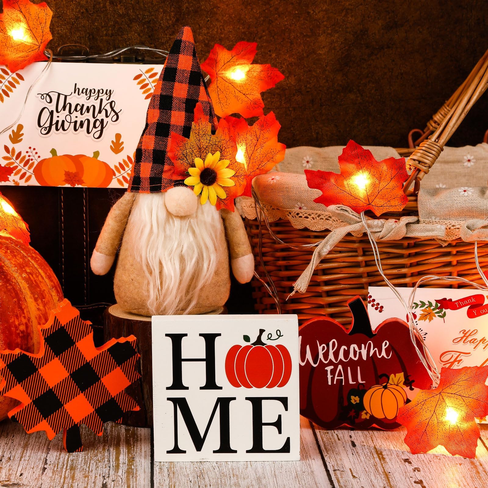 Fall Gnome Tiered Tray Decor Set, Farmhouse Pumpkin and Maple Leaf Accents, Set of 5 for Autumn Table — detail view