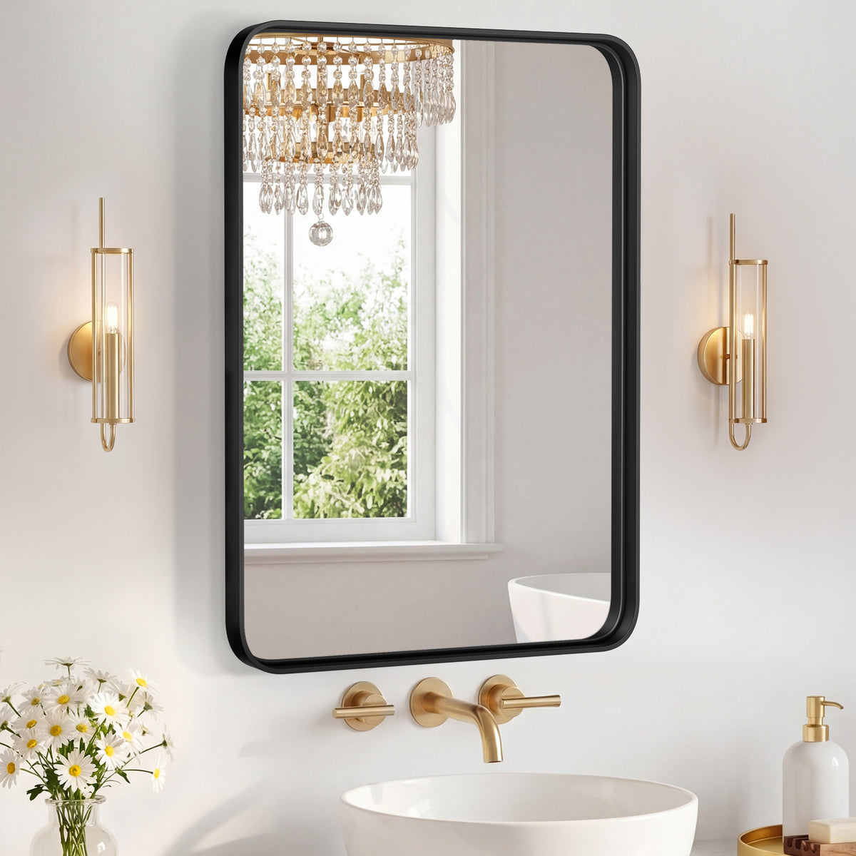 Rectangular Metal Framed Wall Mirror, Black Frame, 22x30 and 24x36 in., for Bathroom Vanity — detail view