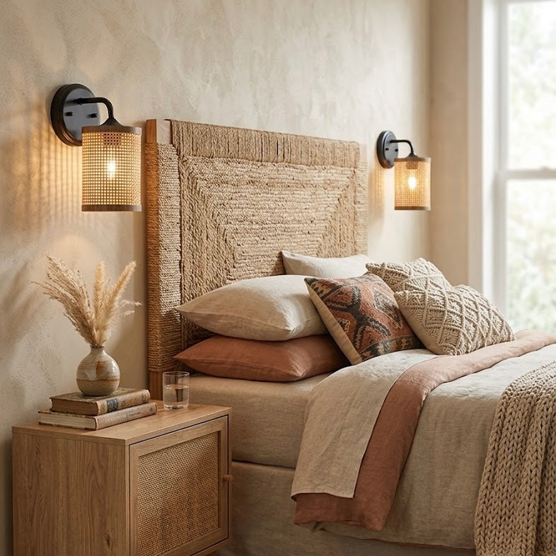 Rustic Rattan Wall Sconce, Woven Wicker Shade, Black, 1-Light for Bedroom — detail view 3