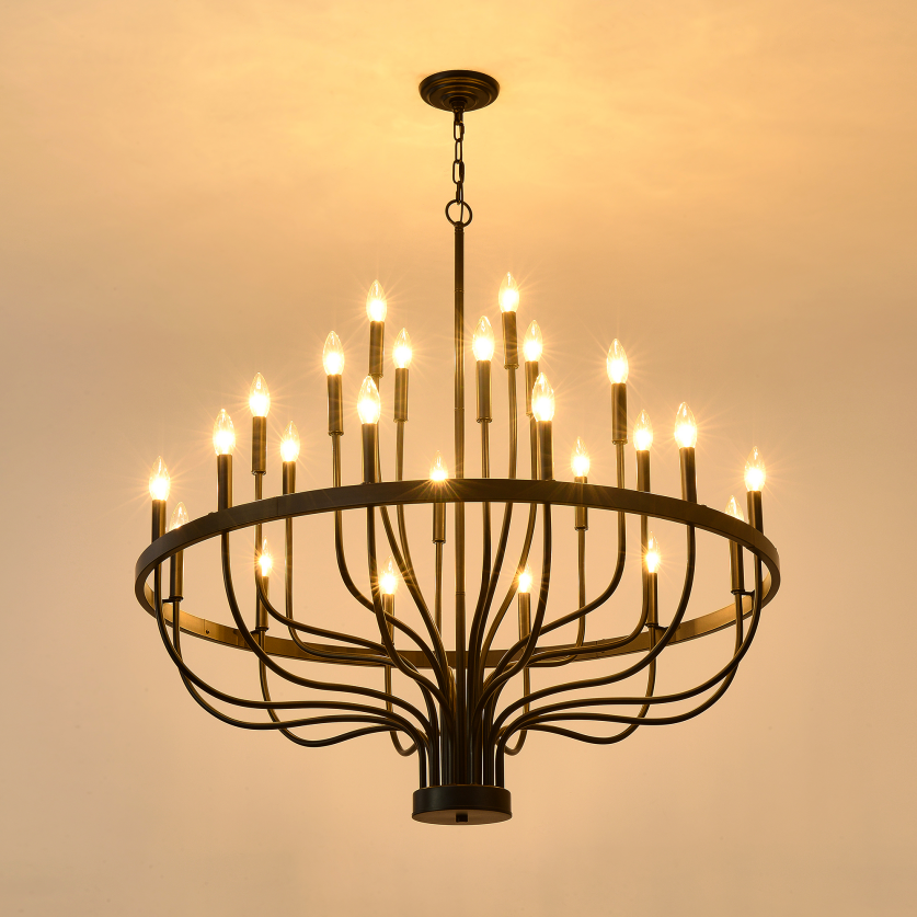 24-Light Iron Candle Chandelier, Matte Black Farmhouse, 39 In. Wide