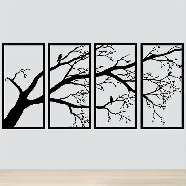 Iron Branch and Bird Wall Art, 4-Panel Silhouette Set, for Living Room — detail view