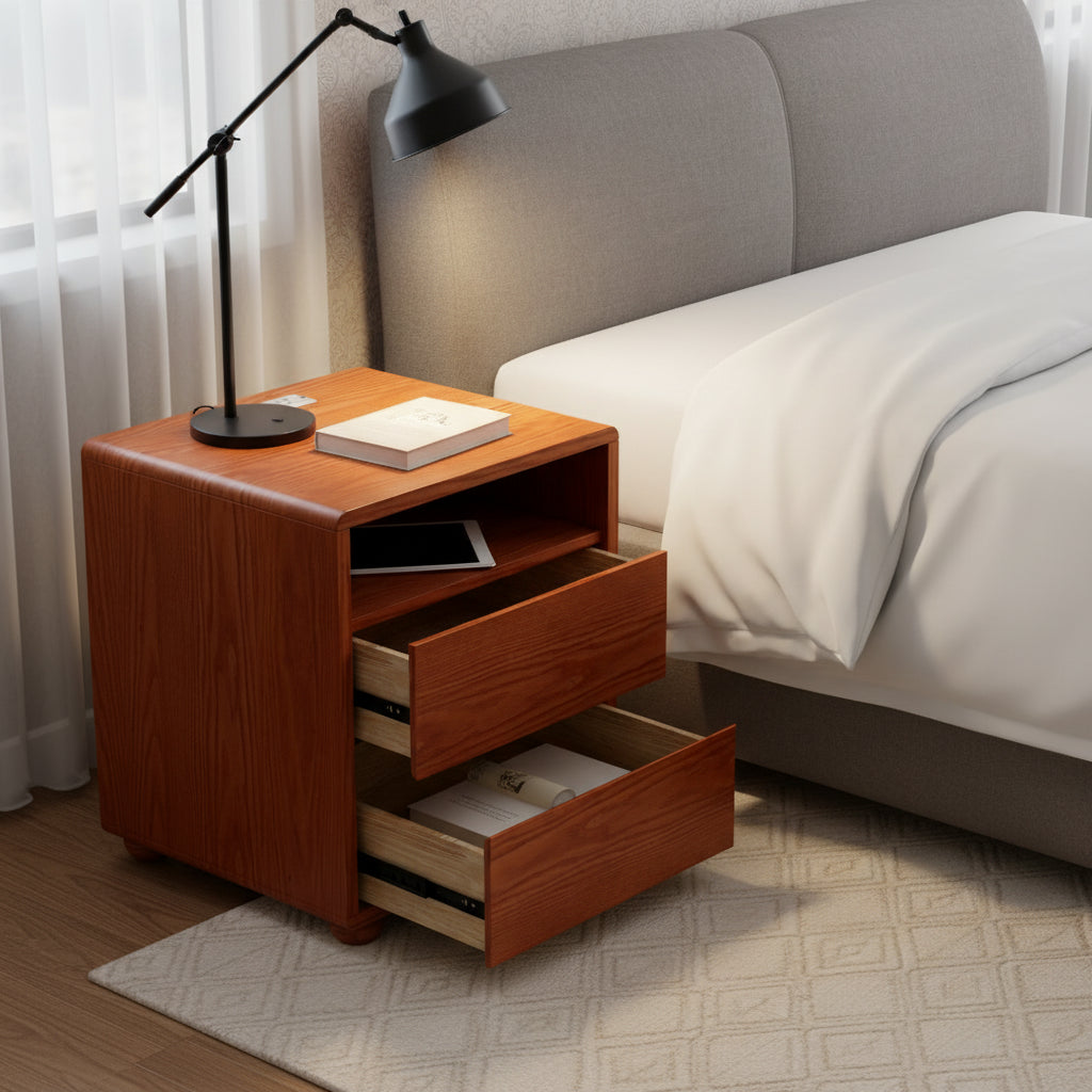 Solid Wood Curved Nightstand with Charging Station, Walnut