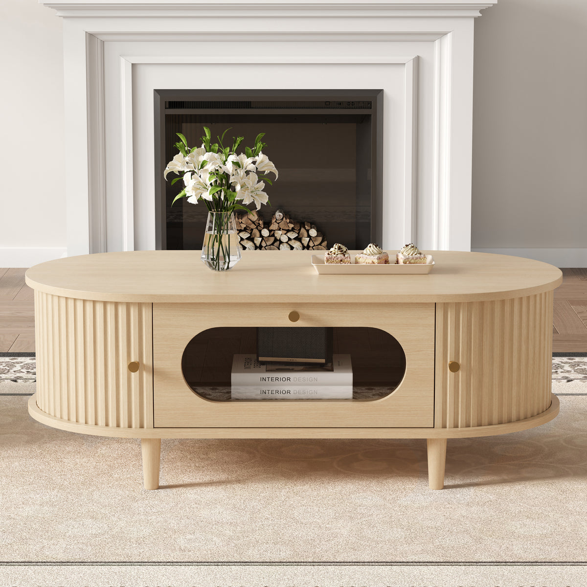 Wood Coffee Table with Drawer and Roller Door, 39 in