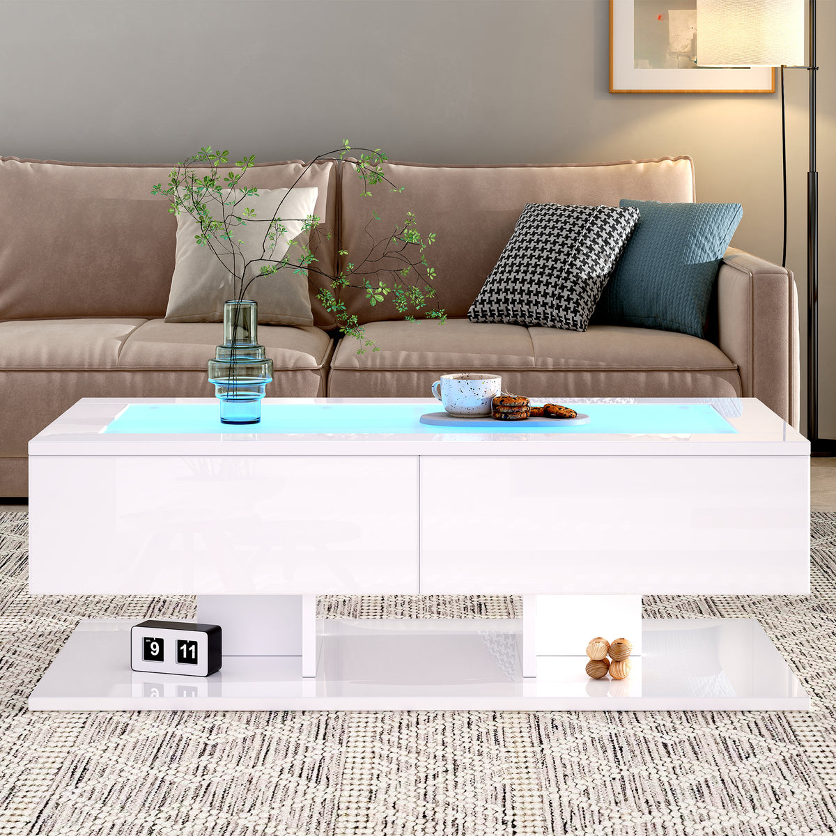 High-Gloss LED Sofa Table with Glass Top, White