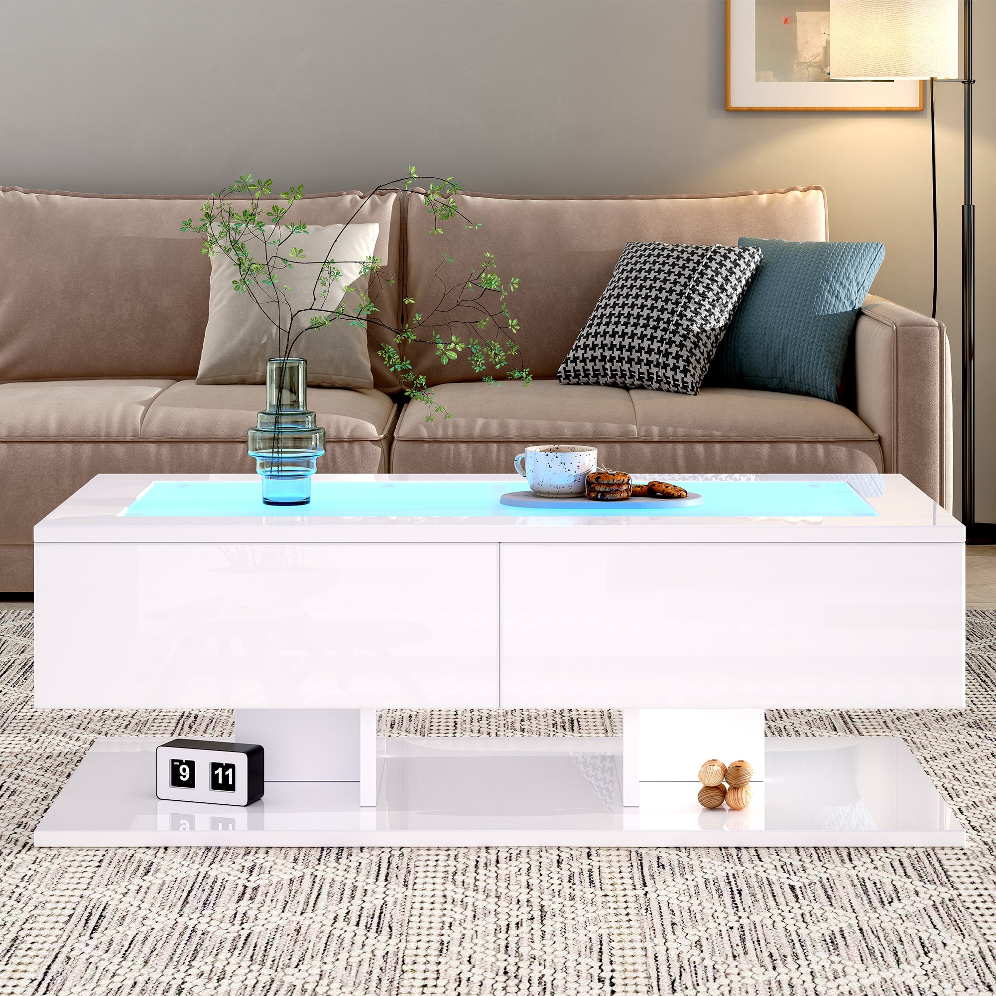 High-Gloss LED Sofa Table with Glass Top, White
