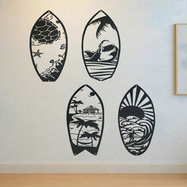 Metal Surfboard Wall Art, Coastal Beach House Decor, Modern Nautical, Set of 4 for Living Room