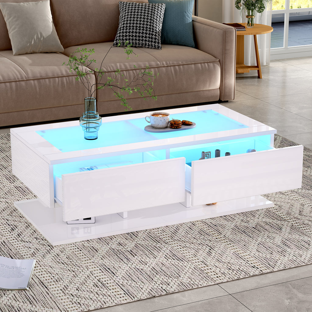 High-Gloss LED Sofa Table with Glass Top, White