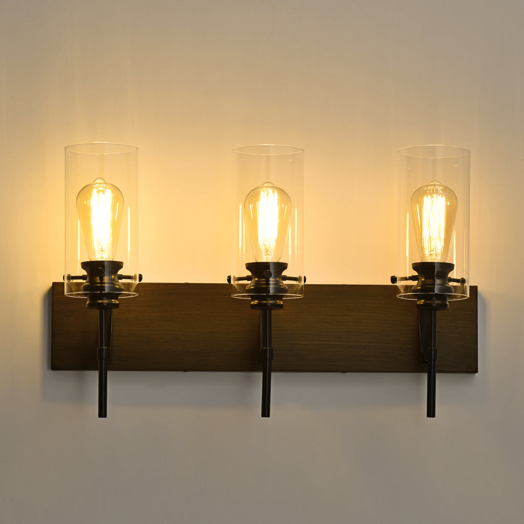 Matte Black & Wood 3-Light Bathroom Vanity Light, Modern Wall Sconce Fixture