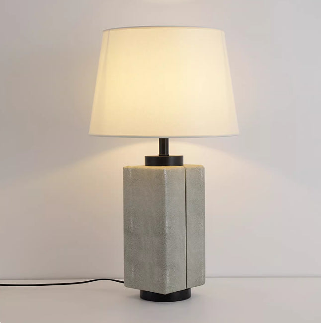 Leather-Wrapped Table Lamp, Cream with Black Piping, 25 Inch