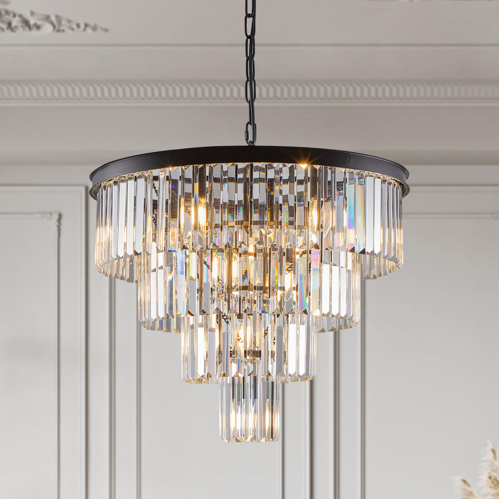 4-Tier K9 Crystal Chandelier, Black Iron Frame, 24 In. Wide