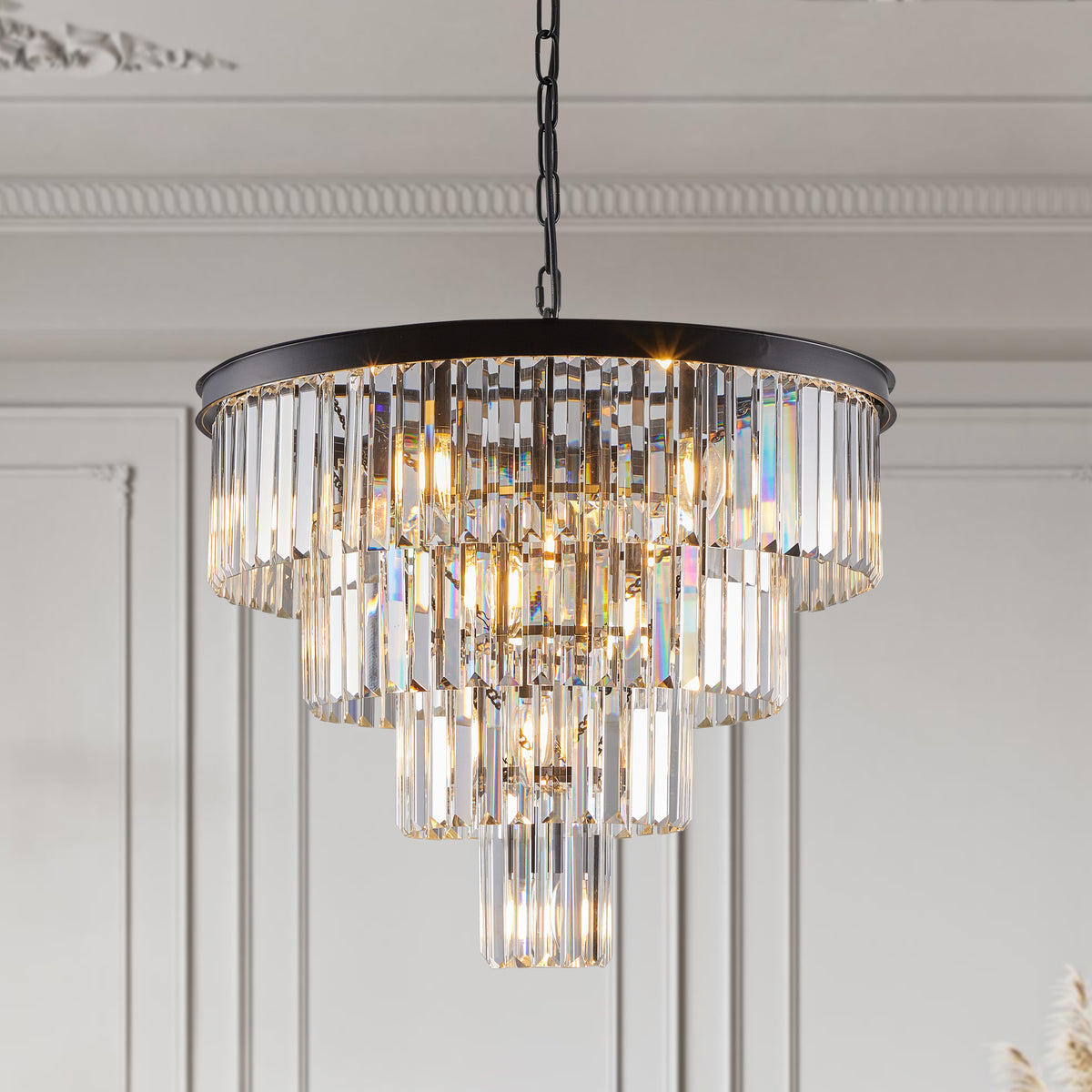 4-Tier K9 Crystal Chandelier, Black Iron Frame, 24 In. Wide